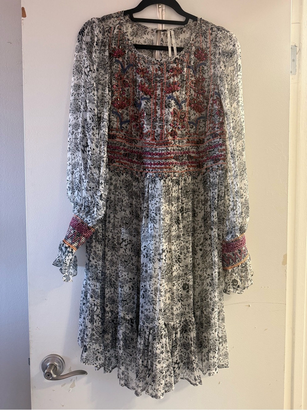 Anthropologie White Floral Tiered Long-Sleeve Dress with Red Accents